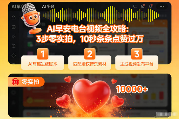 AI早安电台视频全攻略：3步零实拍，10秒条条点赞过万|云雀资源分享