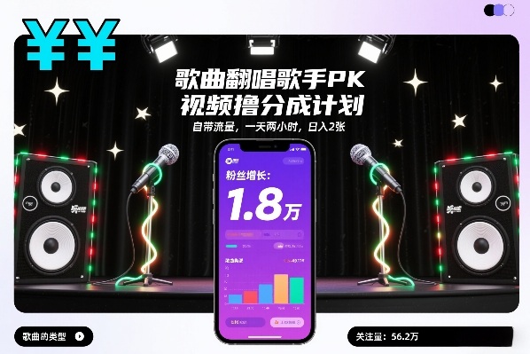 歌曲翻唱歌手PK视频撸分成计划，自带流量，一天两小时，日入2张|云雀资源分享