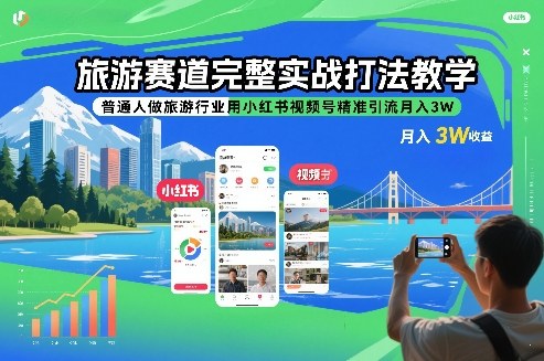 旅游赛道完整实战打法教学，普通人做旅游行业用小红书视频号精准引流月入3W|云雀资源分享