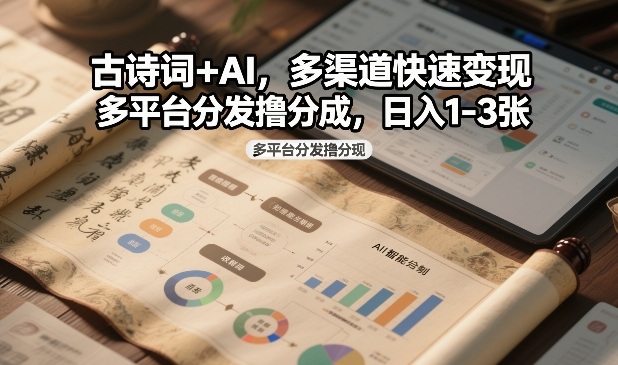古诗词+AI，多渠道快速变现，多平台分发撸分成，日入1-3张|云雀资源分享