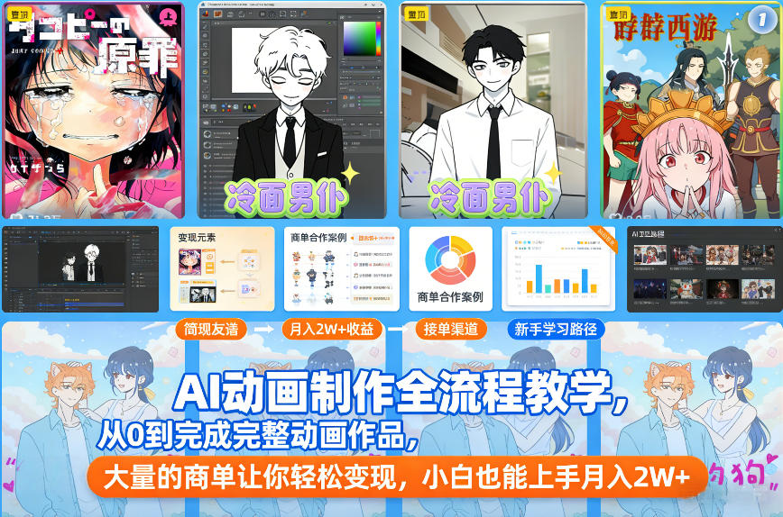 AI动画制作全流程教学，从0到完成完整动画作品，大量的商单让你轻松变现，小白也能上手月入2W+|云雀资源分享