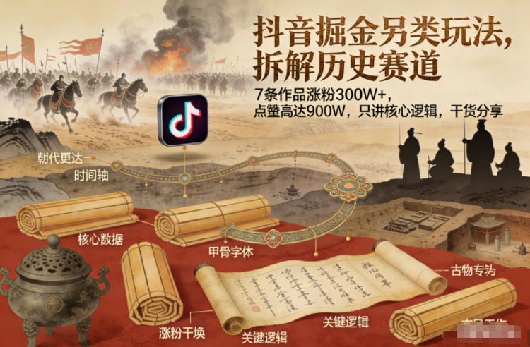 抖音掘金另类玩法,拆解历史赛道,7条作品涨粉300W+,点赞量高达900W,只讲核心逻辑,干货分享|云雀资源分享