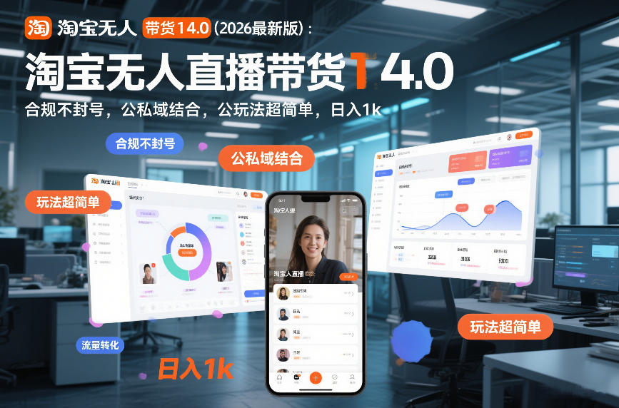 淘宝无人直播带货14.0（2026最新版）：合规不封号，公私域结合，玩法超简单，日入1k+【揭秘】|云雀资源分享