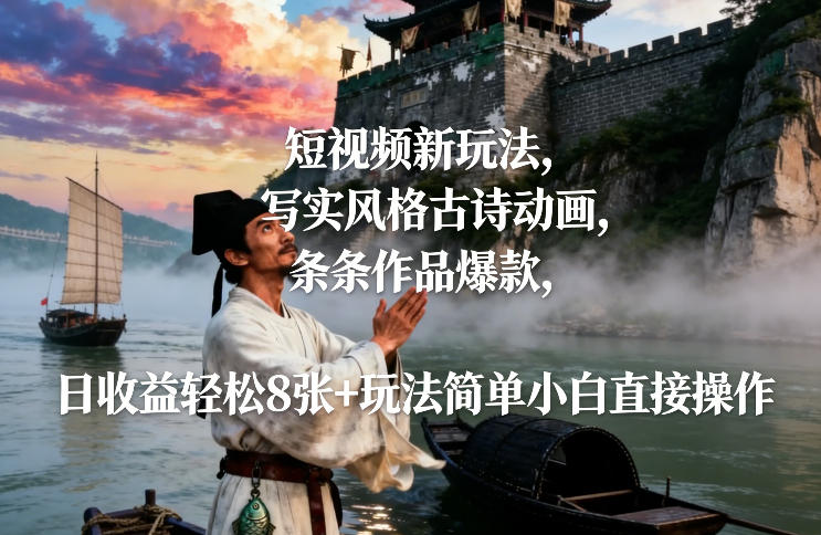 短视频新玩法，写实风格古诗动画，条条作品爆款，日收益轻松8张+玩法简单小白直接操作|云雀资源分享