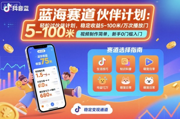 抖音蓝海赛道,轻松过伙伴计划,视频制作简单,万次播放收益在5-100米,稳定收益|云雀资源分享