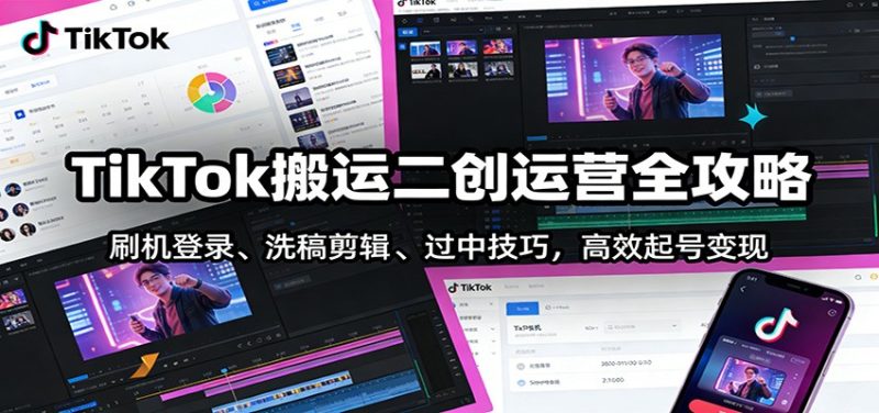 TikTok搬运二创运营全攻略:刷机登录、洗稿剪辑 、过中技巧,高效起号变现|云雀资源分享