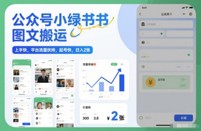公众号小绿书图文搬运，上手快，平台流量扶持，起号快，日入2张|云雀资源分享