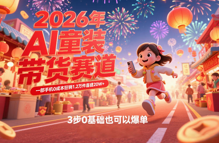 AI童装新春带货赛道，一部手机0成本狂销1.2万件喜提20W+，3步0基础也可以爆单|云雀资源分享