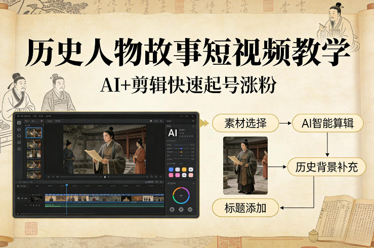 历史人物故事短视频教学，AI+剪辑制作历史人物题材短视频，快速起号涨粉|云雀资源分享