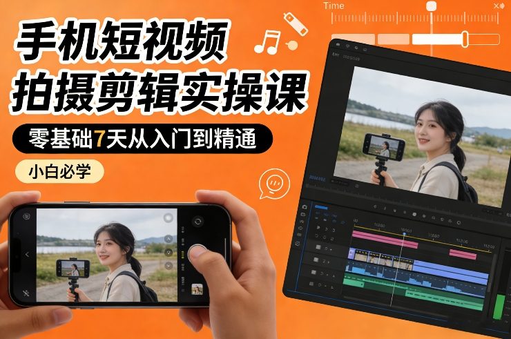 手机短视频拍摄剪辑实操课，零基础7天从入门到精通，小白必学|云雀资源分享