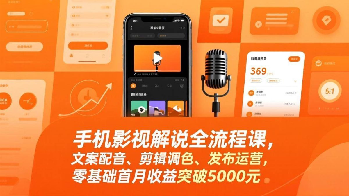 手机影视解说全流程课，文案配音、剪辑调色、发布运营，零基础首月收益突破5000元|云雀资源分享
