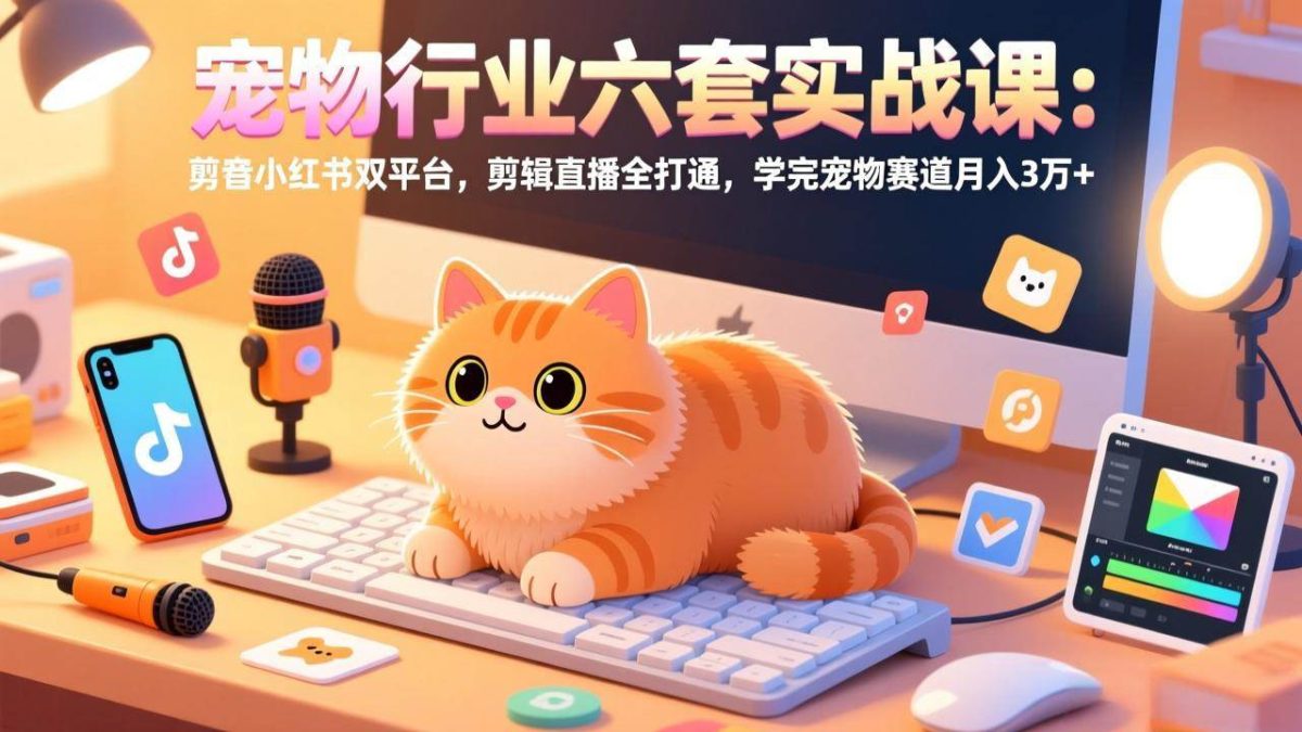 宠物行业六套实战课：抖音小红书双平台，剪辑直播全打通，学完宠物赛道月入3万+|云雀资源分享