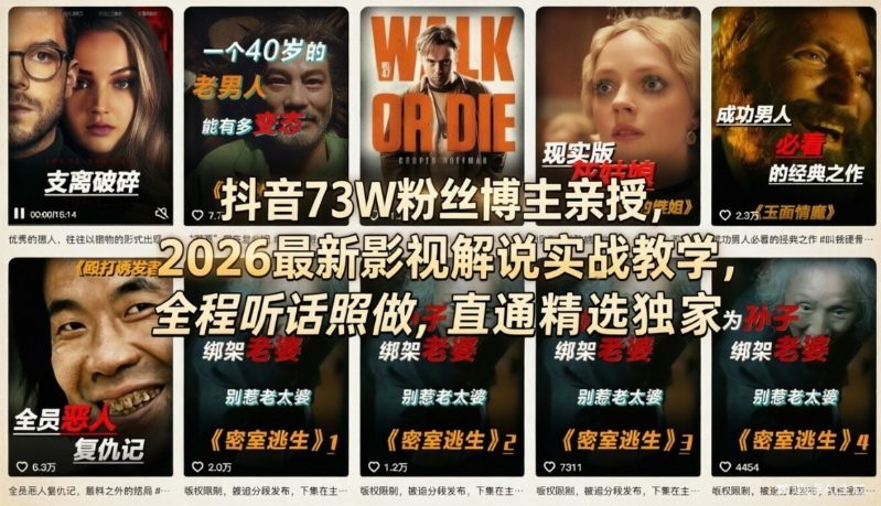 抖音73W粉丝博主亲授,2026最新影视解说实战教学,全程听话照做,直通精选独家|云雀资源分享