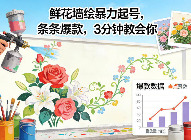 鲜花墙绘暴力起号，条条爆款，3分钟教会你|云雀资源分享