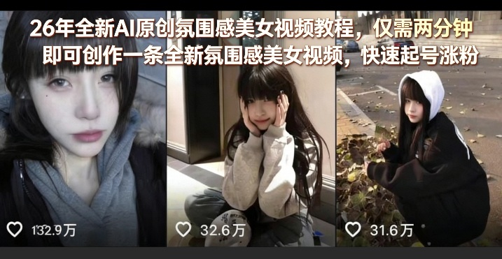 26年全新AI原创氛围感美女视频教程，仅需两分钟即可创作一条全新氛围感美女视频，快速起号涨粉|云雀资源分享