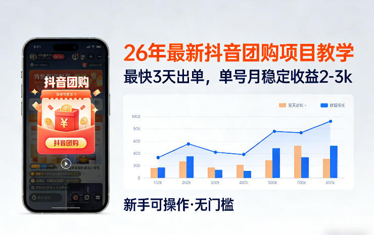 26年最新抖音团购项目教学，0门槛，最快3天出单，单号月稳定收益2-3k|云雀资源分享