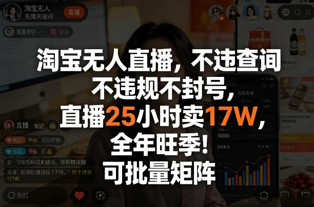 淘宝无人直播，不违规不封号，直播25小时卖17W，全年旺季！可批量矩阵【揭秘】|云雀资源分享