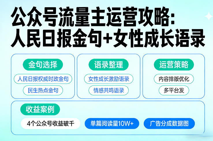 利用人民日报金句+女性成长语录做公众号流量主，4个公众号收益破千|云雀资源分享