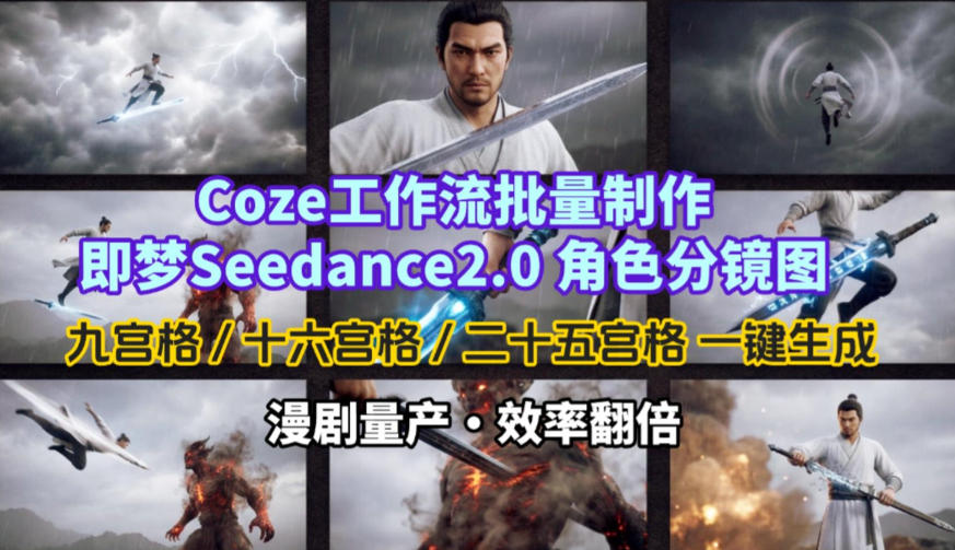 Coze工作流批量制作即梦Seedance2.0角色分镜图，九宫格-十六宫格-二十五宫格一键生成，漫剧量产，效率翻倍|云雀资源分享