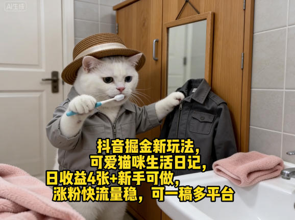 抖音掘金新玩法，可爱猫咪生活日记，日收益4张+新手可做，涨粉快流量稳，可一稿多平台|云雀资源分享