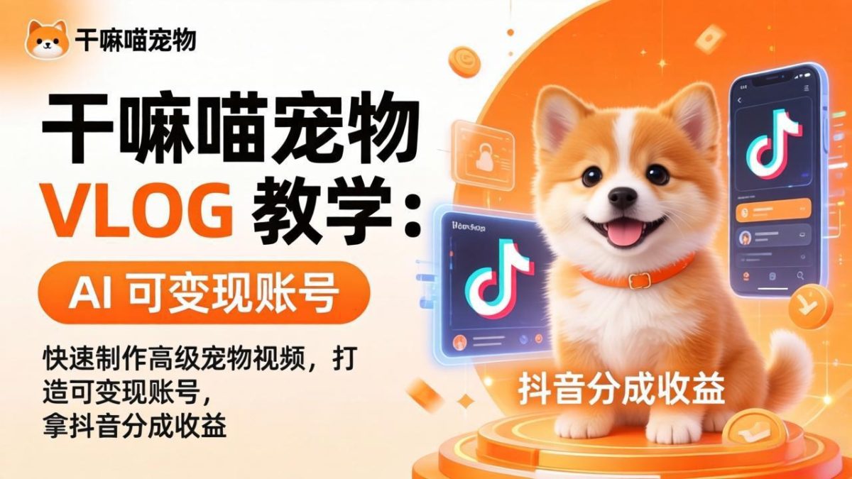 干嘛喵宠物 VLOG 教学：AI 快速制作高级宠物视频，打造可变现账号，拿抖音分成收益|云雀资源分享