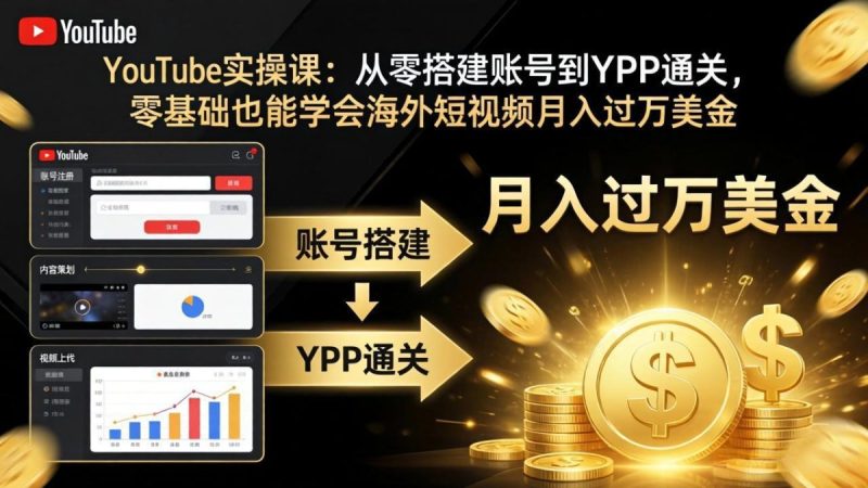 YouTube实操课:从零搭建账号到YPP通关,零基础也能学会海外短视频月入过万美金|云雀资源分享