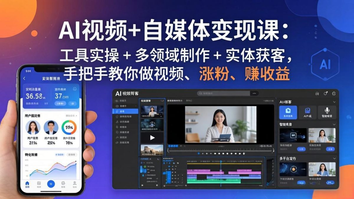 AI视频+自媒体变现课:工具实操 + 多领域制作 + 实体获客,手把手教你做视频、涨粉、赚收益|云雀资源分享