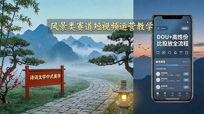 风景类赛道短视频运营教学:诗词文学中式美学,新号养号对标账号定位,DOU+高性价比投放全流程|云雀资源分享