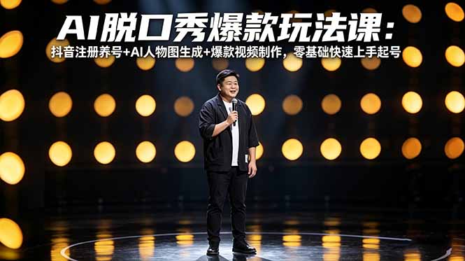AI脱口秀爆款玩法课:抖音注册养号+AI人物图生成+爆款视频制作,零基础快速上手起号|云雀资源分享