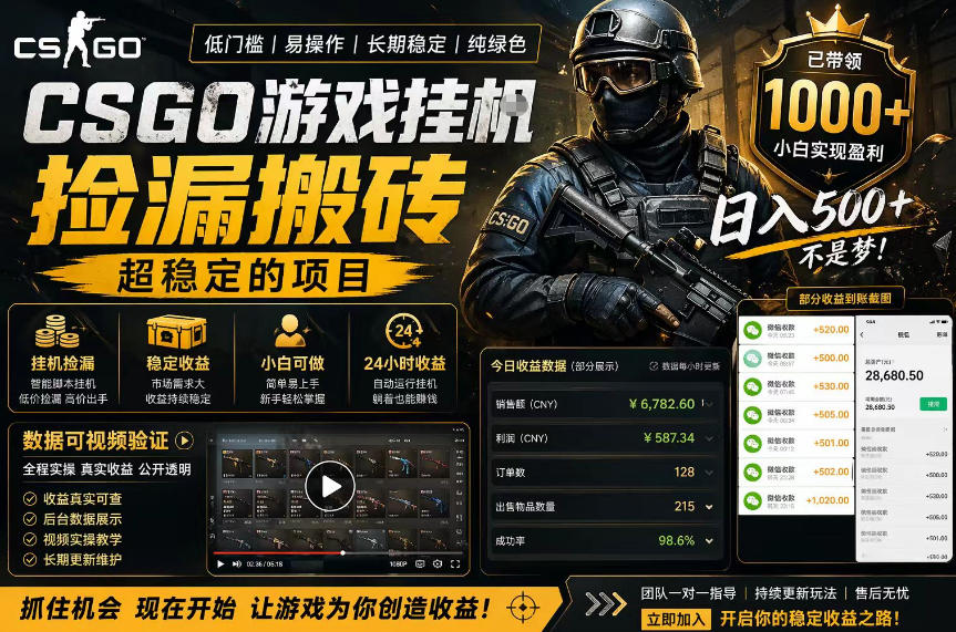 图片[1]|CSGO游戏搬砖，全自动挂G，不需要玩游戏，手机操作日入300+，解放双手【揭秘】|云雀资源分享