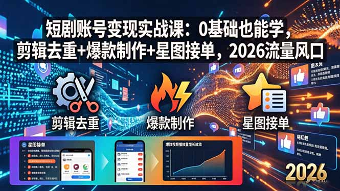 短剧账号变现实战课:0基础也能学,剪辑去重+爆款制作+星图接单,2026流量风口|云雀资源分享