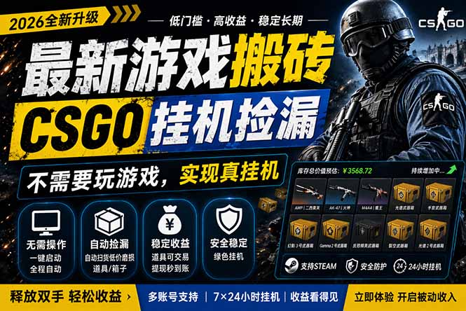 最新游戏搬砖，CSGO纯挂机，不需要玩游戏，实现真挂机，月入1W+，五一小高峰上车可吃肉，…|云雀资源分享