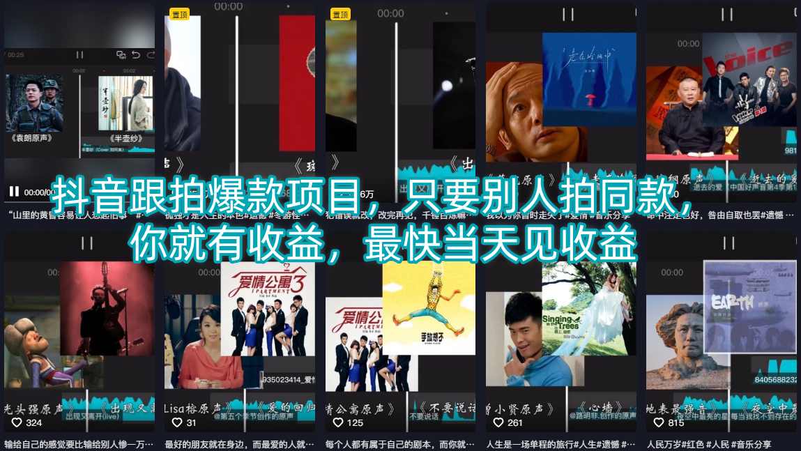 抖音跟拍爆款项目，只要别人拍同款，你就有收益，最快当天见收益|云雀资源分享