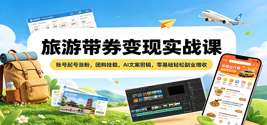 旅游带券变现实战课：账号起号涨粉，团购挂载，AI文案剪辑，零基础轻松副业增收|云雀资源分享