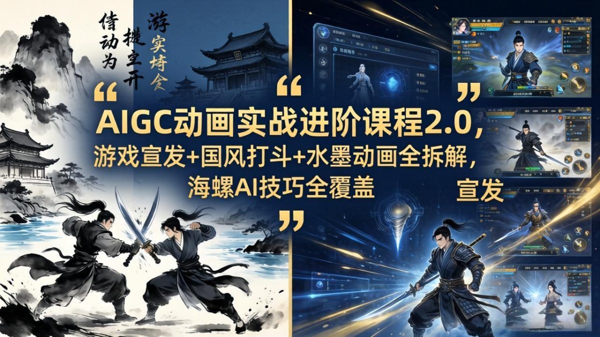 AIGC动画实战进阶课程2.0，游戏宣发+国风打斗+水墨动画全拆解，海螺AI技巧全覆盖|云雀资源分享