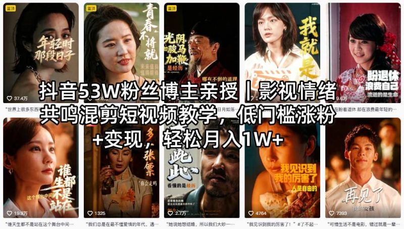 抖音53W粉丝博主亲授｜影视情绪共鸣混剪短视频教学，低门槛涨粉+变现，轻松月入1W+|云雀资源分享