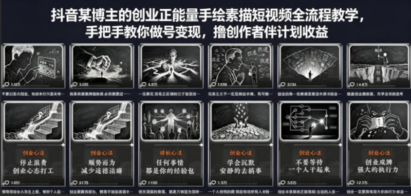 抖音某博主的创业正能量手绘素描短视频全流程教学，手把手教你做号变现，撸创作者伙伴计划收益|云雀资源分享