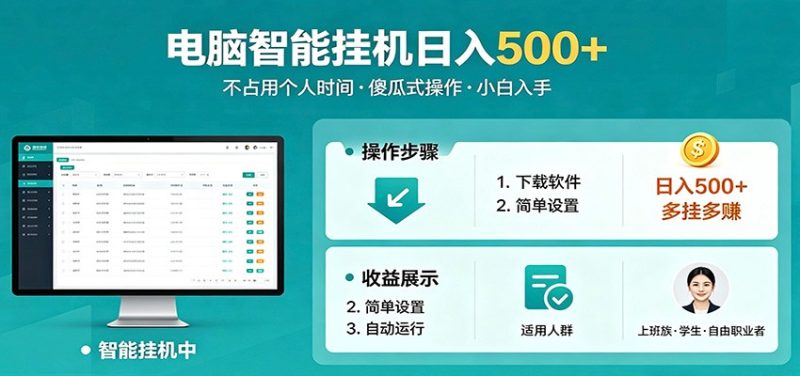 全自动电脑挂机，支持多挂多赚，上班族学生党都能做，小白也能日入500+副业|云雀资源分享
