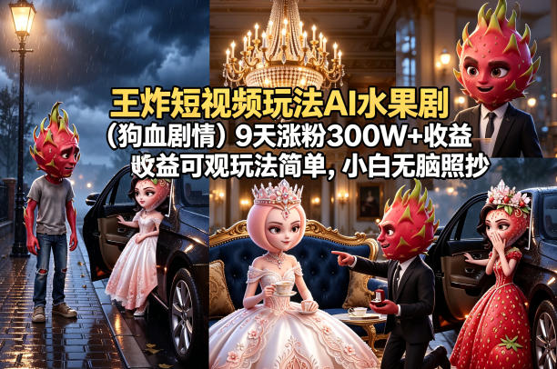 王炸短视频玩法AI水果剧(狗血剧情)9天涨粉300W+收益可观玩法简单,小白无脑照抄,详细拆解玩法|云雀资源分享