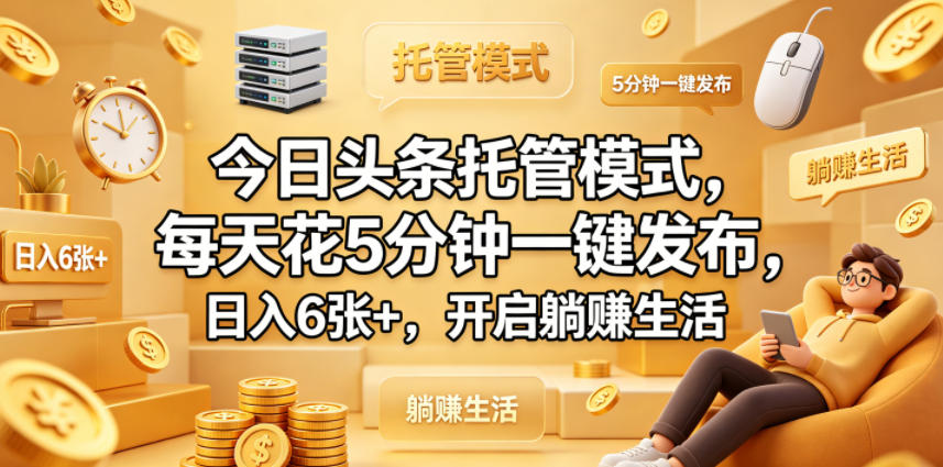 今日头条托管模式，每天花5分钟一键发布，日入6张+，开启躺賺生活【揭秘】|云雀资源分享
