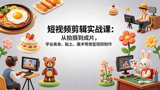 短视频剪辑实战课：从拍摄到成片，学会美食、粘土、魔术等类型视频制作|云雀资源分享