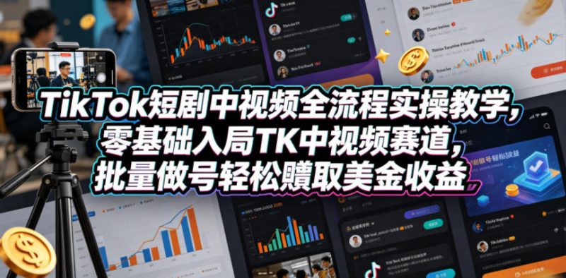 TikTok短剧中视频全流程实操教学，零基础入局TK中视频赛道，批量做号轻松賺取美金收益|云雀资源分享