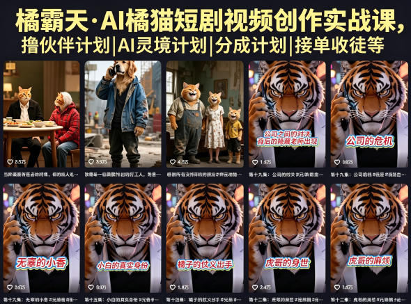 橘霸天·AI橘猫短剧视频创作实战课，撸伙伴计划|AI灵境计划|分成计划|接单收徒等|云雀资源分享