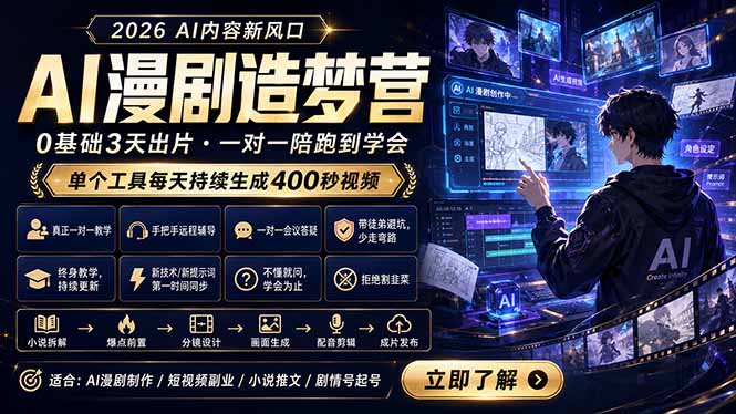 AI漫剧造梦营:0基础3天出片,单个工具每天持续生成400秒视频|云雀资源分享