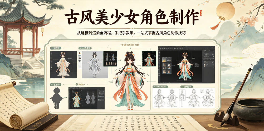 古风美少女角色制作，从建模到渲染全流程，手把手教学，一站式掌握古风角色制作技巧|云雀资源分享