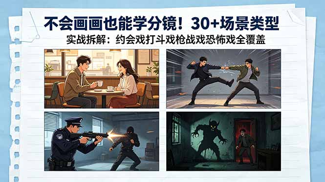不会画画也能学分镜!30+场景类型实战拆解:约会戏打斗戏枪战戏恐怖戏全覆盖|云雀资源分享