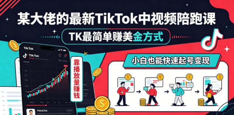 某大佬的最新TikTok中视频陪跑课，TK最简单賺美金方式，靠播放量賺钱，小白也能快速起号变现|云雀资源分享