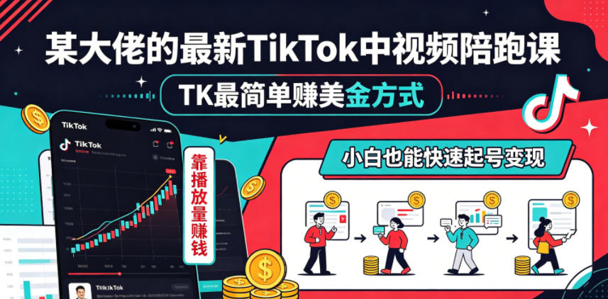 某大佬的最新TikTok中视频陪跑课，TK最简单賺美金方式，靠播放量賺钱，小白也能快速起号变现|云雀资源分享