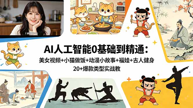AI人工智能0基础到精通:美女视频+小猫做饭+动漫小故事+福娃+古人健身,20+爆款类型实战教学|云雀资源分享
