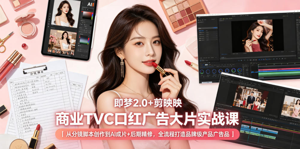 即梦2.0+剪映商业TVC口红广告大片实战课｜从分镜脚本创作到AI成片+后期精修，全流程打造品牌级产品广告|云雀资源分享